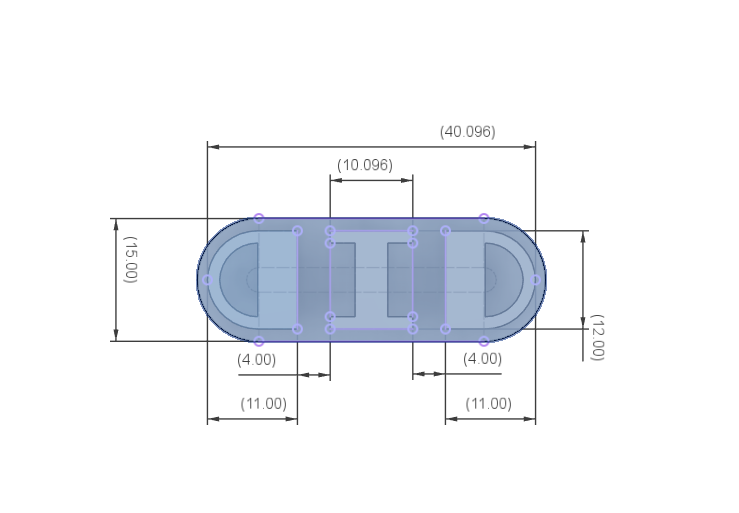 Bemaßung von oben: 40 x 12 mm Einsteckmaß, Steg-Schlitze 4 mm breit, Segmentlängen 11 und 10 mm